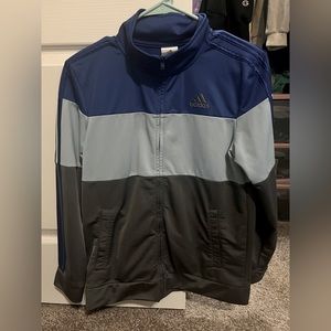 Blue and Grey Multicolor Adidas 3 Stripe Track Jacket.